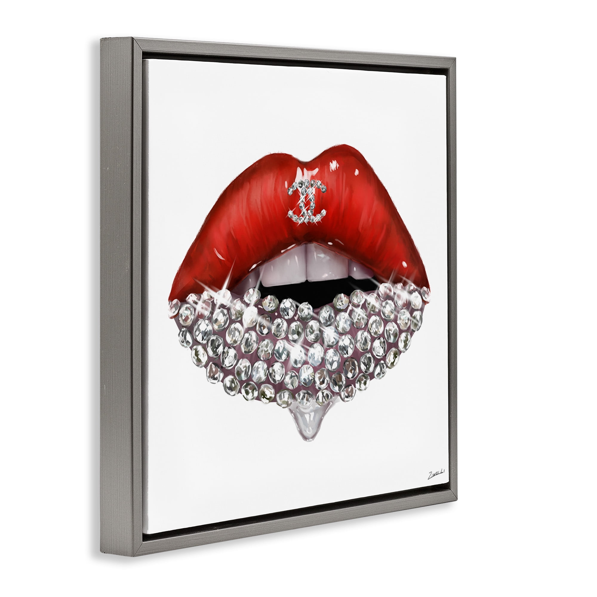 Stupell Industries Chic Red Lip Gemstones Beauty & Fashion Painting Gray Floater Framed Canvas Art Print Wall Art, 25 x 25