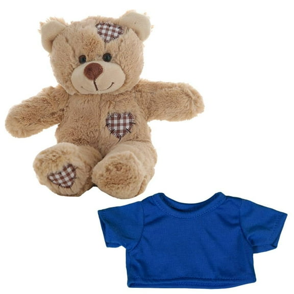 Plush Gear 8" Brown Patches Bear Stuffed Animal with Royal Blue T-Shirt Soft Cuddly Teddy Bear Gift Toy
