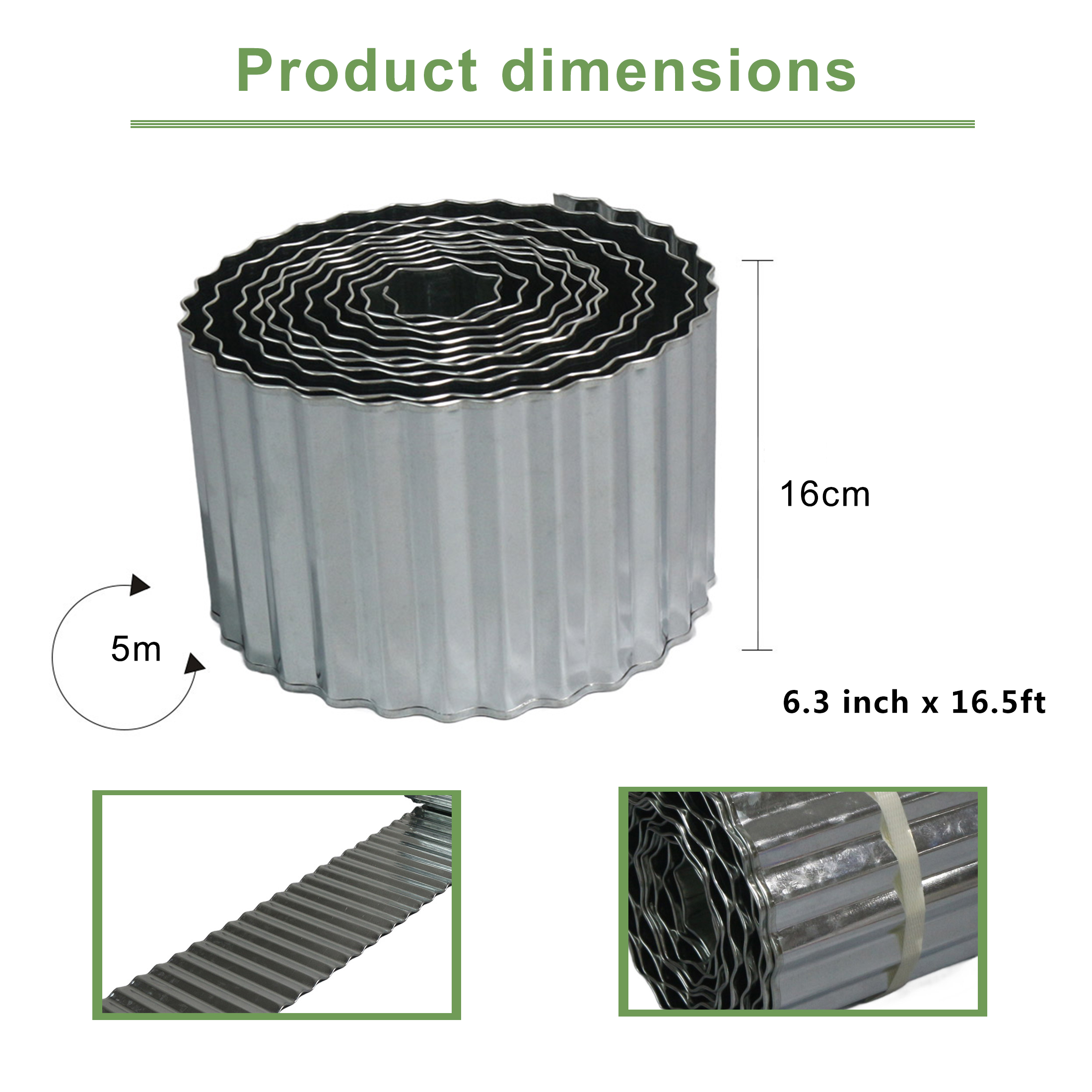 4W Galvanized Steel Garden Edging, 6.3" x 16.5' Corrugated Landscape Border, Flexible Lawn and Yard Edging Strip for Flower Beds and Tree Rings, Natural