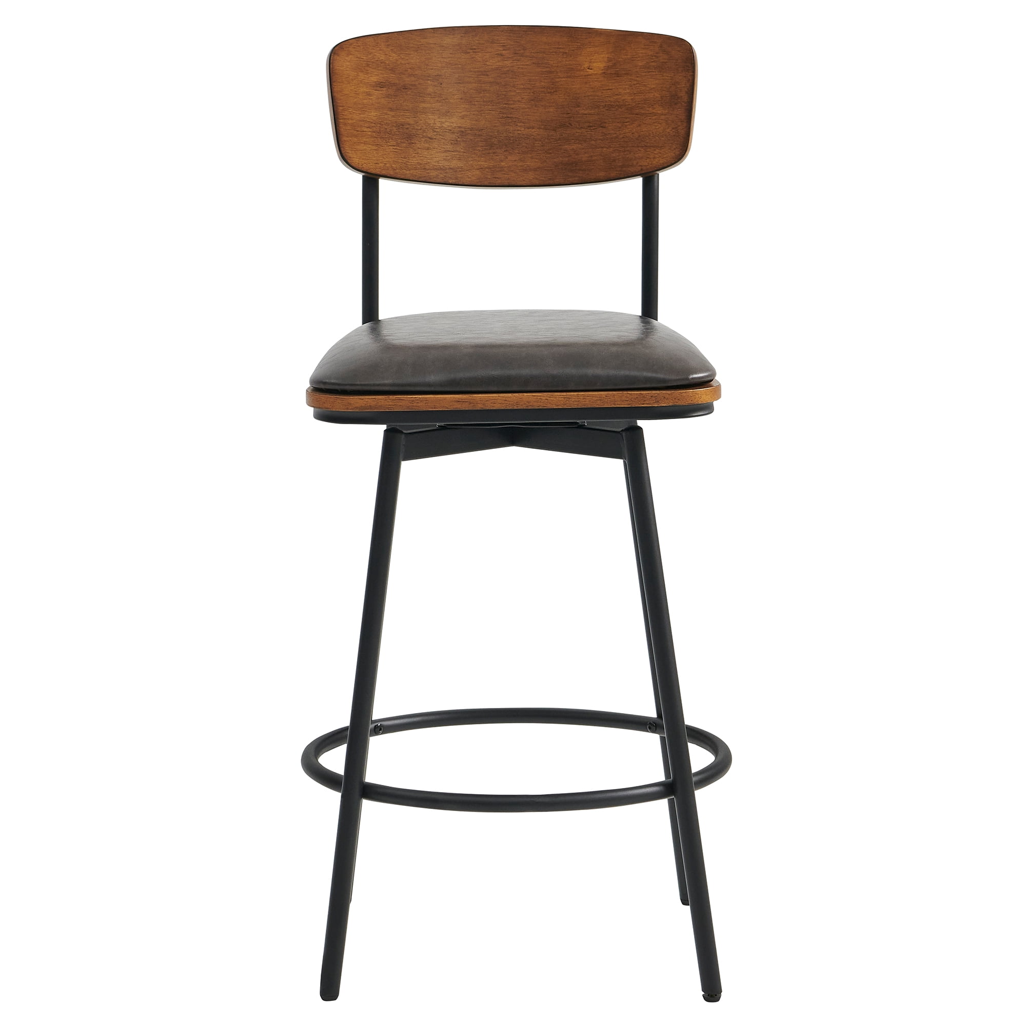 Spruce & Spring Counter Height Swivel Bar Stool with Wood Back and Metal Base Set of 3, Dark Grey, Faux Leather