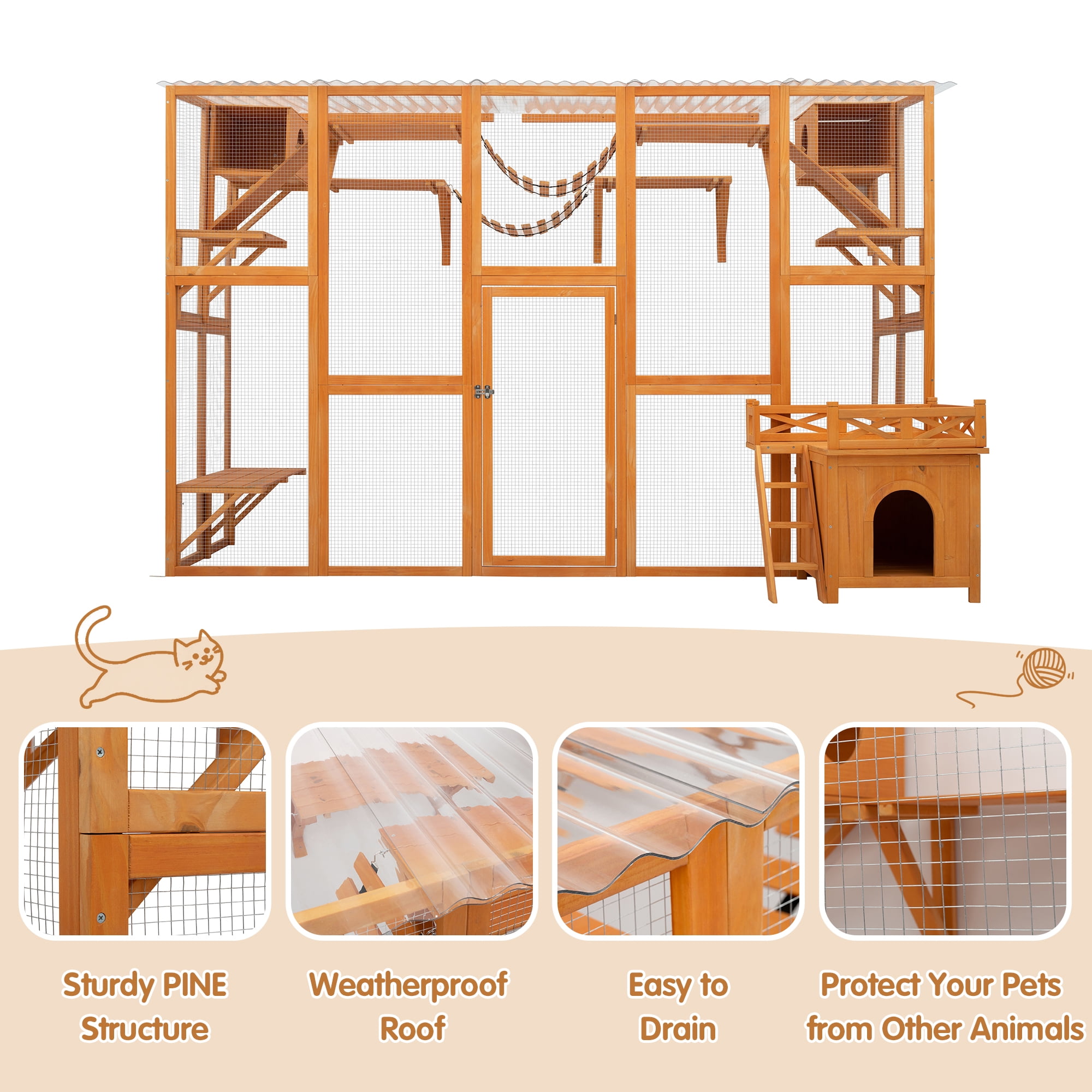 Harper & Bright Designs Weatherproof Cat Catio for Outdoor, Cat Enclosure with Litter Box, Wood Cat House for Multiple Cats, Natural Wood