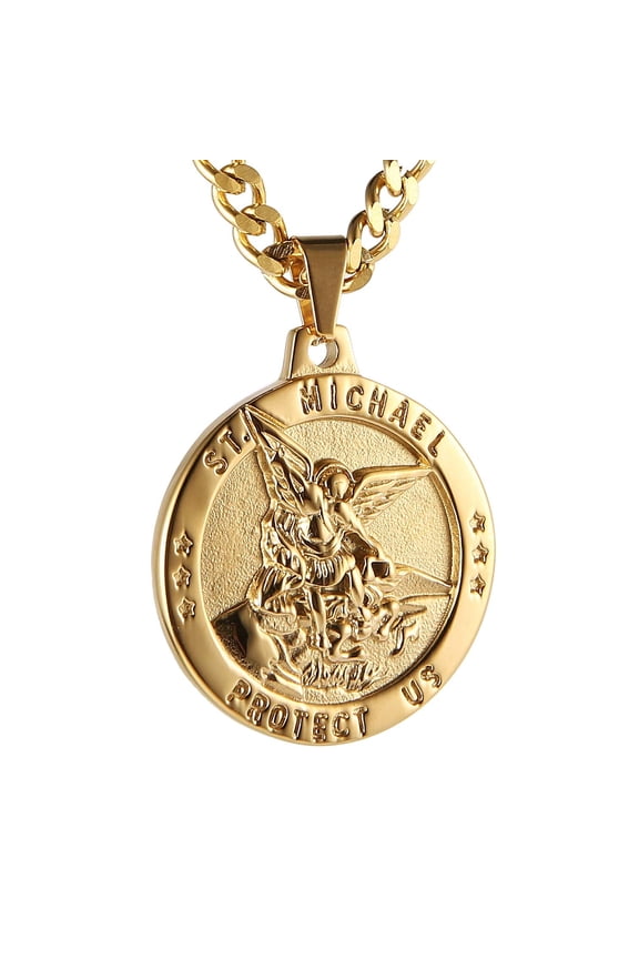 St Michael The Archangel Catholic Medal Stainless Steel Amulet Pendant Necklace 22+2" Rolo Curb Chain (Gold-1)