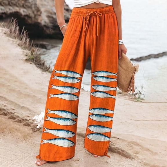 Women's Casual Pants Women'S Vintage Art Print Cotton And Linen Casual Pants Casual Wide Leg Trousers With Pockets,Orange Women's Casual Pants L