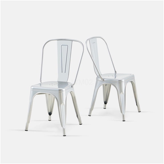 COSMOS Set of 2 Antique Silver Stackable Metal Chairs, 18" Seat Height for Indoor Outdoor Dining, Kitchen, Bar, Cafe - Modern High Gloss Finish