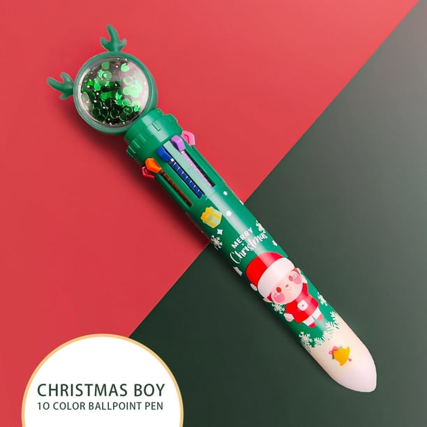 Pack de 4 bolígrafos de Navidad | Marcadores de tipo push multifunción de 10 colores – Papá Noel, muñeco de nieve, renos, diseños de árboles | Tinta gel de purpurina, 2 ml, 14 cm | Decoración y