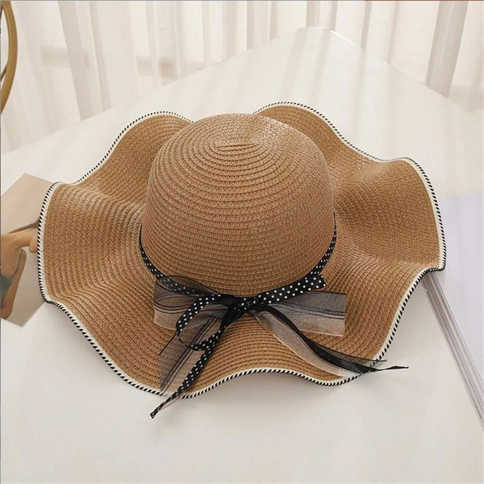 Women's UV Protected Khaki Straw Bucket Hat with Ribbon Bow