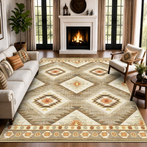 NewBuros 8'x10' Area Rug for Living Room, Machine Washable Non-Slip Rug, Soft Low Pile Stain Resistant Vintage Western Indoor Rug for Bedroom Dining Room, Camel
