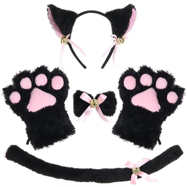 1 Set Plush Party Anime Cat Ears Cosplay Costume Paw Claw Gloves Tail Bow-tie