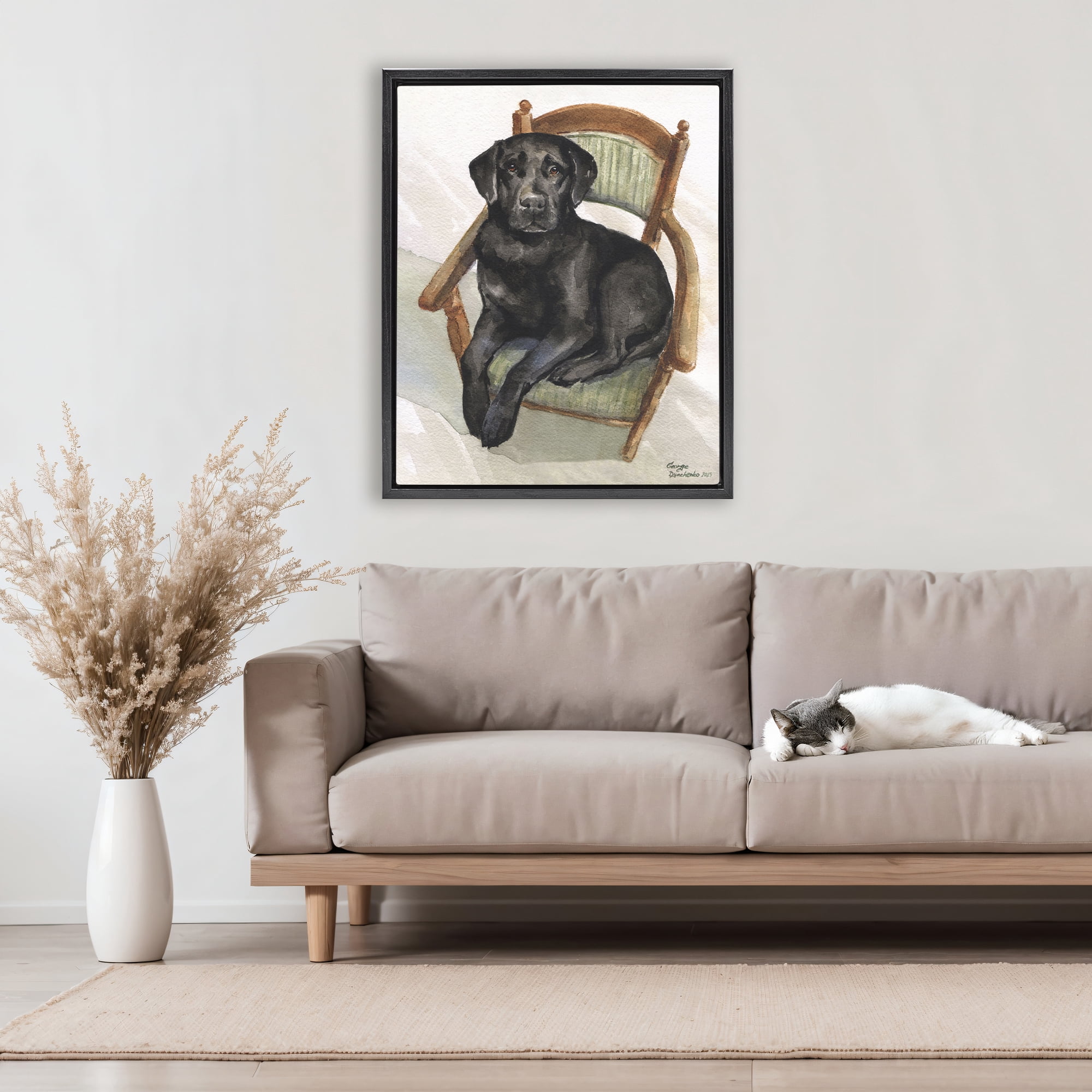 Stupell Industries Black Labrador On Chair Black Framed Floater Canvas Wall Art, design by George Dyachenko