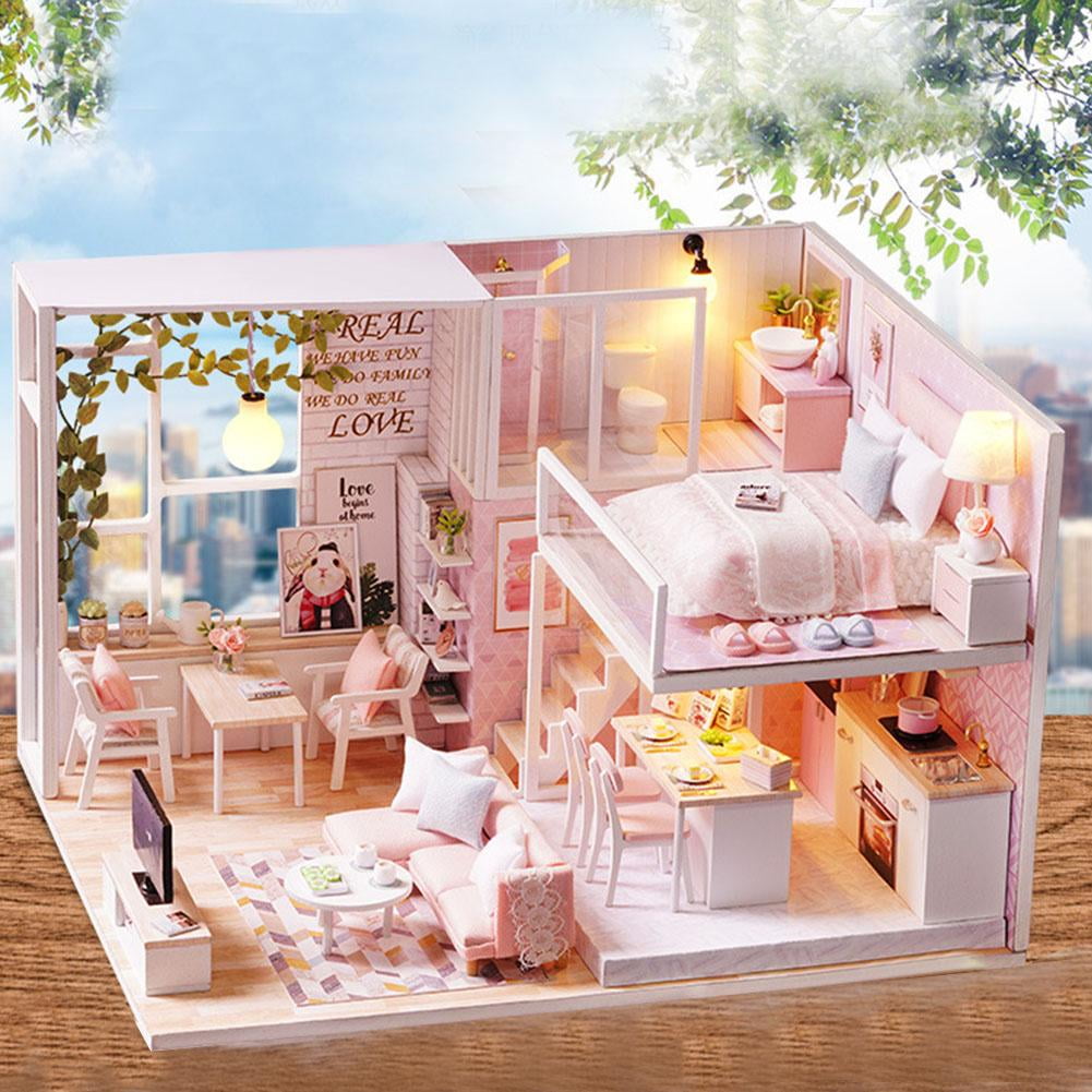 Domqga DIY Dollhouse Kit 1 24 Mini Dollhouse Furniture Doll House Kit With LED Light DIY Adult Kids Gift No Cover Walmart