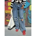 thumbnail image 2 of Women's High - Waisted Distressed Wide - Leg Jeans Loose Fit Street Art Trend Women's Street Pants Cotton Denim Ripped  Frayed Design Light Blue Wash Edgy Casual Pants, 2 of 3