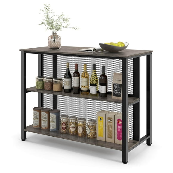 Costway 36" Tall 3-Tier Bar Table with Storage Metal Frame Adjustable Foot Pads Grey