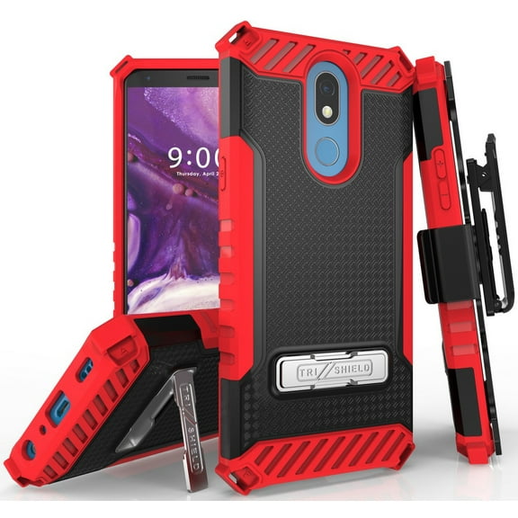 Red Tri-Shield Rugged Case Cover and Belt Clip Holster [with Metal Kickstand   Wrist Strap Lanyard] for AT&T LG Xpression Plus 2 Phone (LMX420)