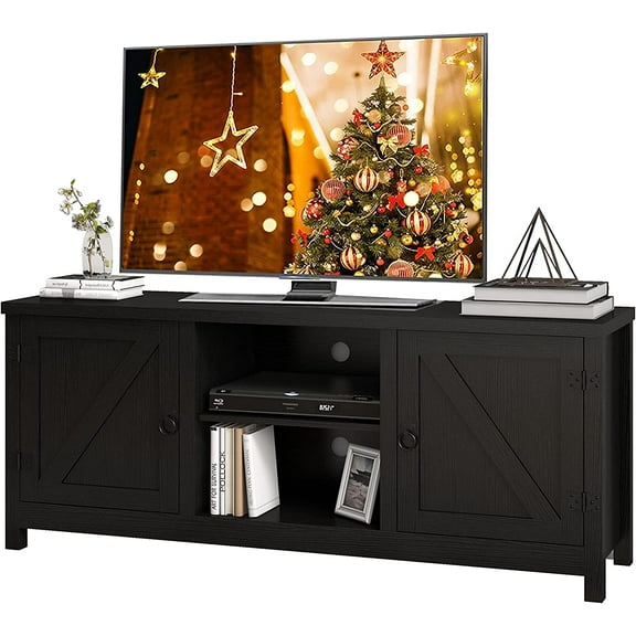 Panana Modern Farmhouse TV Stand for 65 inch TV, Entertainment Center with Storage and Open Shelves, Wood TV Stands TV Table Stand for Living Room, Bedroom (Black, for 32"-65" TV)
