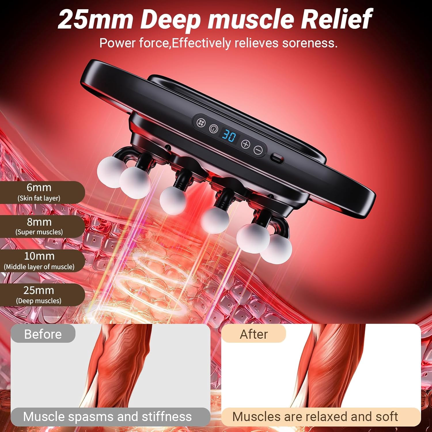 20 Head Massage Gun Deep Tissue, 2026 Upgrade Back Muscle Massager with 3 Modes & 30 Intensities, 2600mAh Battery Quiet Percussion Massager for Legs, Waist, Back Pain Relief