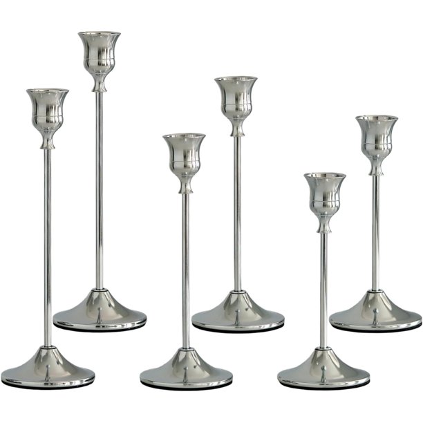 Juego de Candelabros de Metal, Porta Velas Decoración de Mesa Moderno y Simple, Adornos de Decoración de Ambiente para Fiestas de Bodas, Halloween, Navidad y San Valentín. (6, Plata)