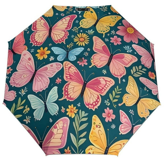 Floral Colorful Butterflies Umbrella for Rain - Portable, Double Layer Automatic Folding Umbrella UV Protection for Rain Car Travel Outdoor Men Women