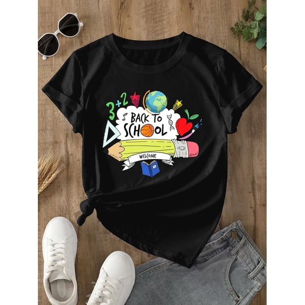 Camiseta gráfica de regreso a clases para niñas. Tejido de punto suave para el primer día de clases, aula, ropa informal. Para todas las estaciones. Cuello redondo, diseño divertido, transpirable.