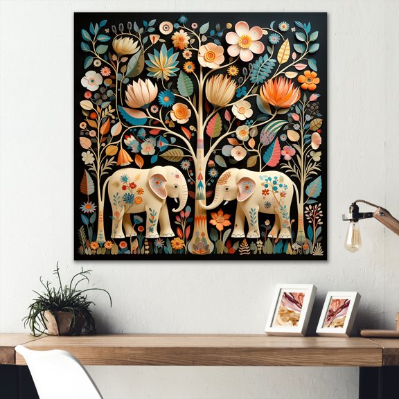 Designart "Jaipur Elephants Indian Art IV" People Wall Art - Global Beige Indian Art Bedroom Canvas Wall Art