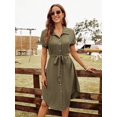 thumbnail image 3 of Army Green Women Summer Short Sleeve Collared Shirt Dress With Self-Tie Belt, 3 of 6