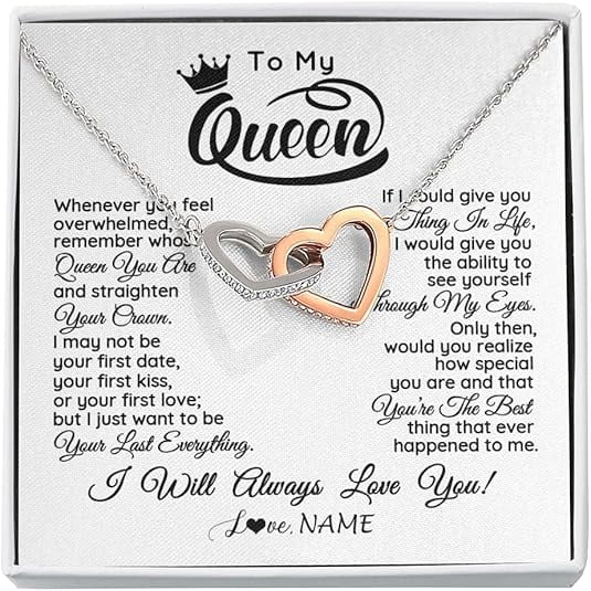 Designer Necklace Gift for Wife/Girlfriend, Interlocking Heart Necklace To My Queen, Necklace Gift with Message Card and Box, Cute Birthday Gift for Wife, Anniversary Gift for Wife