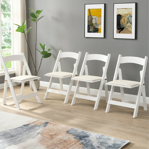 Comfy Folding Chairs - Wood, Cushion, Beige And White, 4pcs Solid Wood Seats Easy To Fold Store, Comfortable White