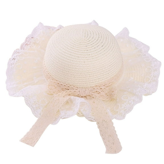 53-54 cm hat circumference children's lace bow straw hat wavy brimmed beach hat summer sunscreen sun hat outdoor outing - Milky white