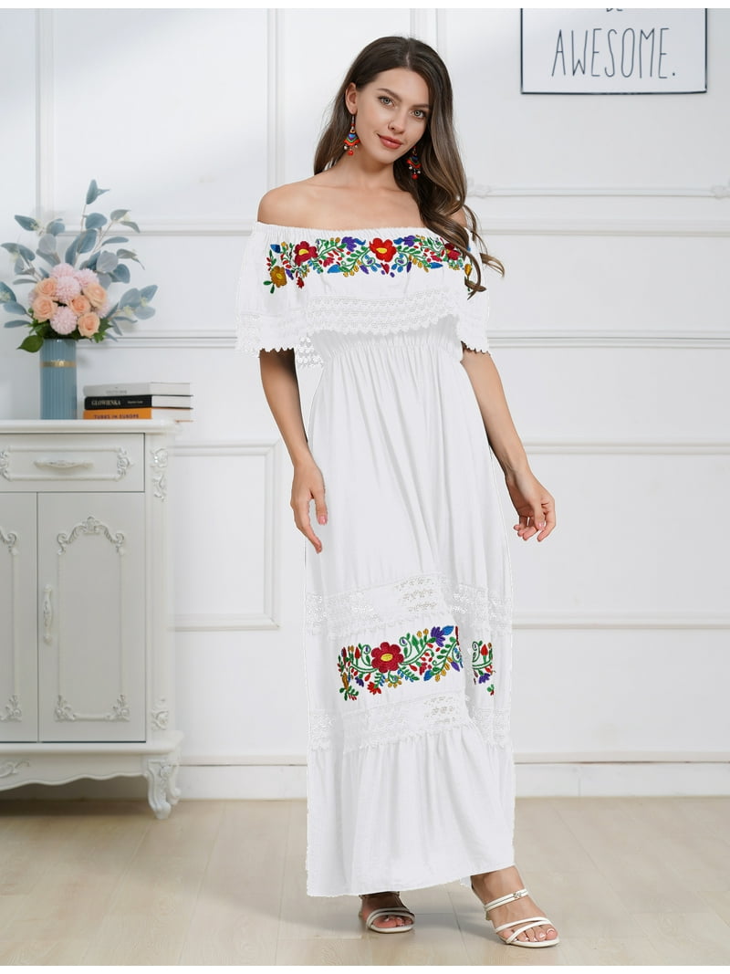 IDOPIP Women Mexican Dress Off Shoulder Floral Embroidered Long