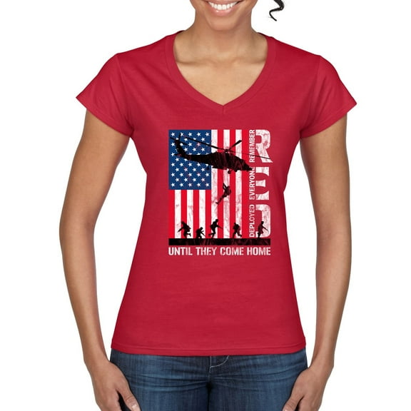 Wild Bobby RED Remember Everyone Deployed Until They Come Home USA Military Women Standard V-Neck Tee
