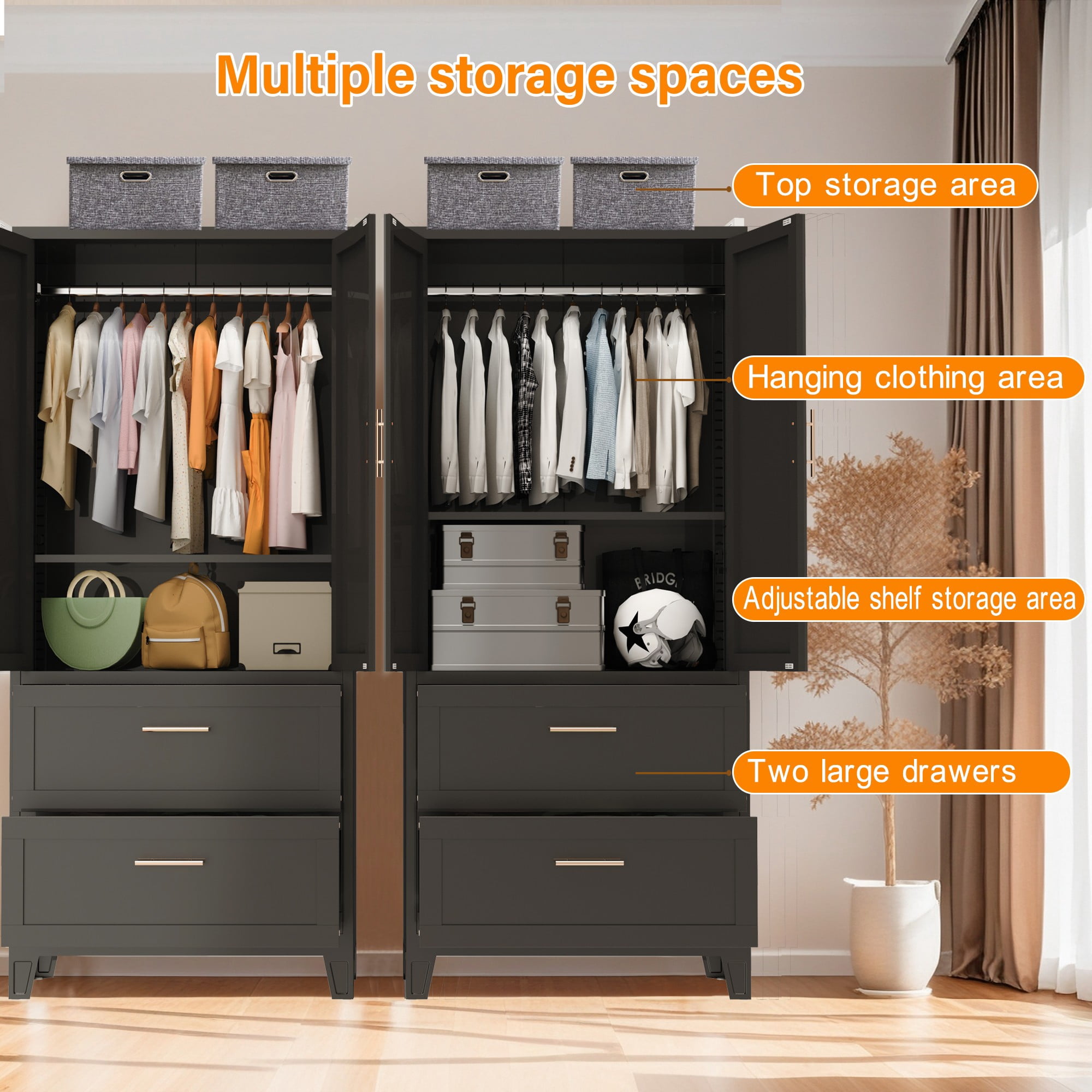 HOQBN 71 Inch Tall Metal Wardrobe Cabinet with 2 Drawers and Hanging Rod,2-Door Steel Wardrobe Closet with Adjustable Shelf for Bedroom,Office,Laundry Room,Entryway,Black