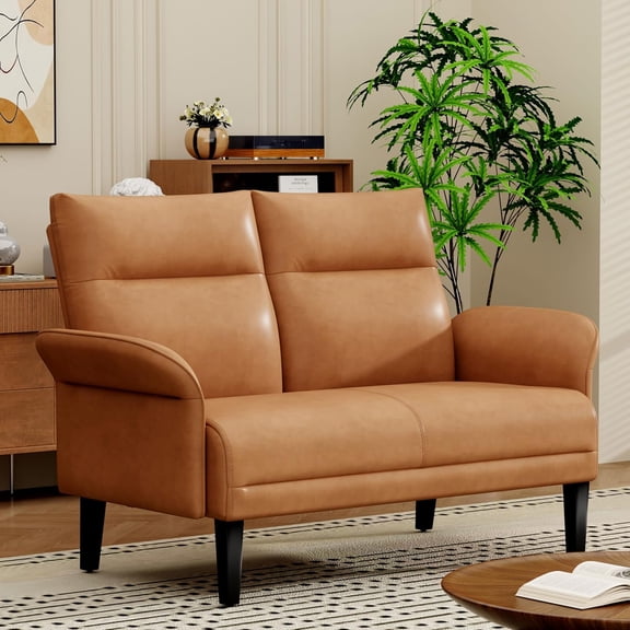 Love Seat Mini Couch Small Settee Loveseat Bench for Living Room Bedroom Office, Faux Leather Loveseat Small Sofa Couches with Padded Cushion, Brown