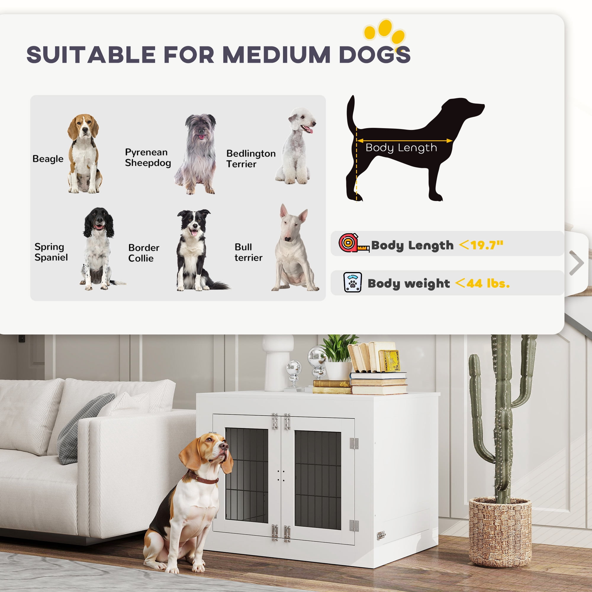 PawHut Dog Crate Furniture with 360Â° Rotatable Removable Dog Bowls, Two Doors, Non-slip Foot Pads, Dog Kennel Furniture for Medium Dogs, White