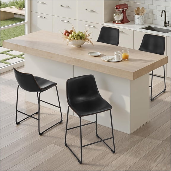 Counter Height Bar Stools Set of 4, 26 Inch Barstools with Back and Metal Leg, Modern Crazy Horse Leather Bar Chairs for Kitchen Island, Black