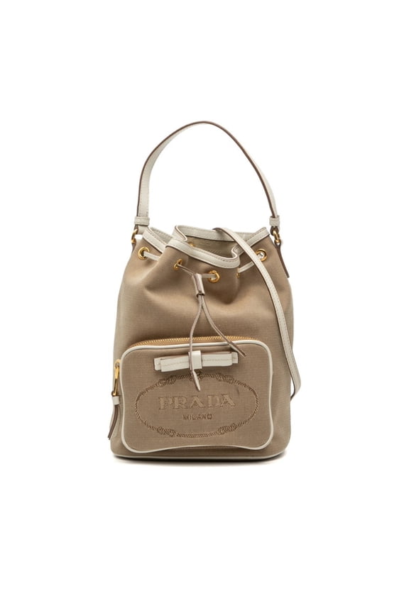 Pre-Owned Prada Logo Jacquard Handbag Shoulder Bag 2-Way Drawstring Type 1BH038 Beige White...