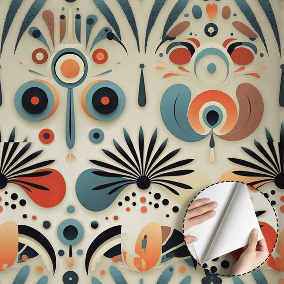 Boho Abstract Geometric Folk Art Wallpaper Modern Quirky Peel and Stick Wallpaper Waterproof Wall Decor for Living Room Bedroom Bathroom Kitchen Cabinet Drawer Rental Property 17.7 * 78.5 in