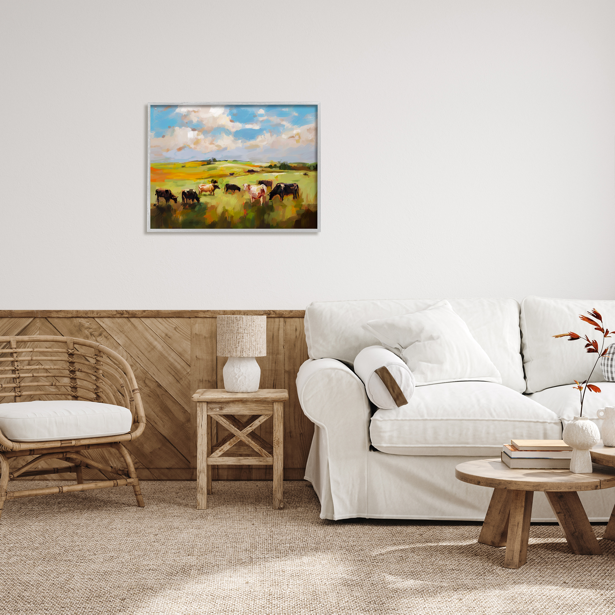 Stupell Industries Cows Grazing Painting Landscape Painting Gray Framed Art Print Wall Art, 30 x 24