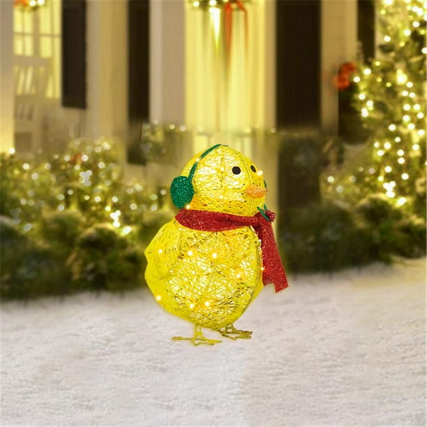 Pollito con luces decorativas para bufanda, escultura plana de jardín de pollito amarillo, adornos de pollito para patio de césped, decoraciones navideñas
