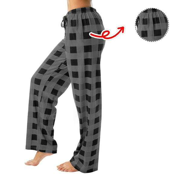 Stichou Plaid Pajama Pants Women Comfy Elastic Waist Wide Leg Lounge Pants Loose Fit Casual Sleepwear Drawstring Pj Pants Black L