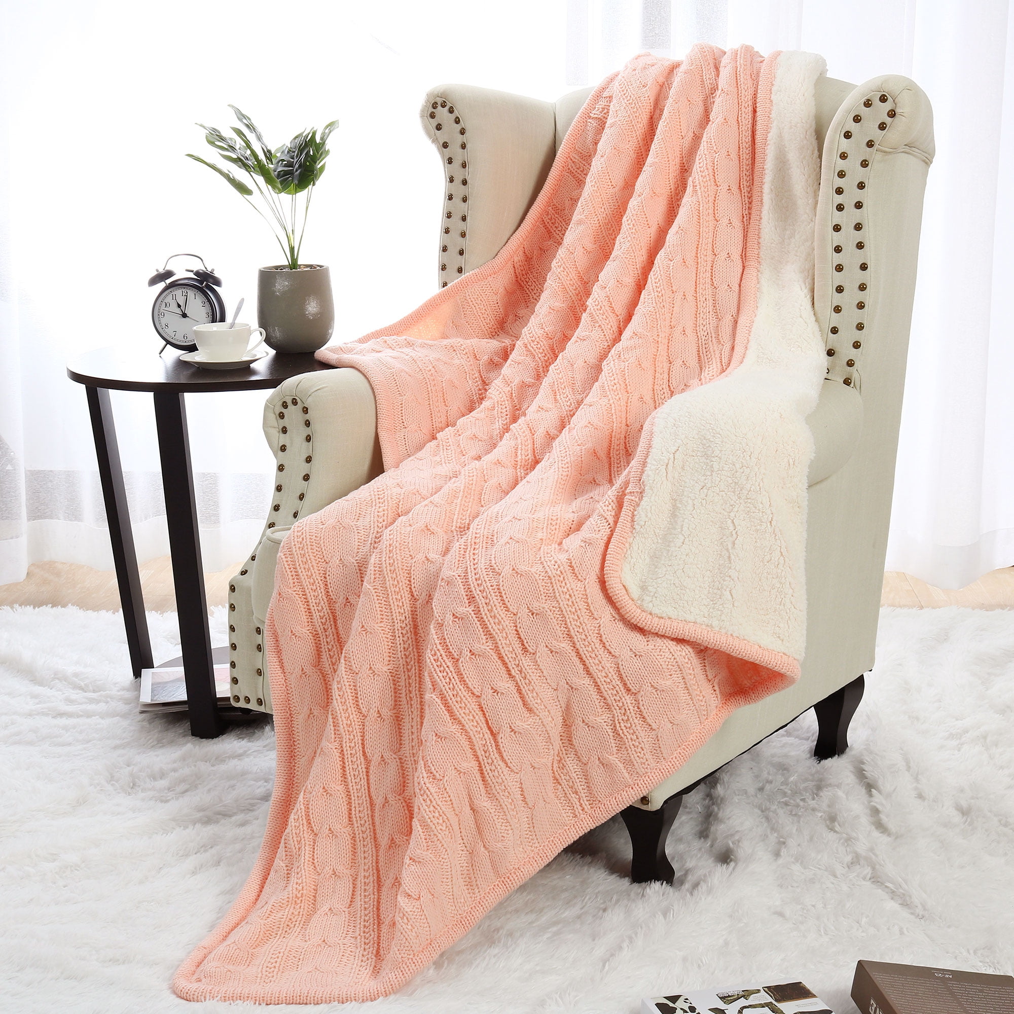 PiccoCasa Cable Knit Reversible Cotton Couch Throw Blanket 50"x60" Pink