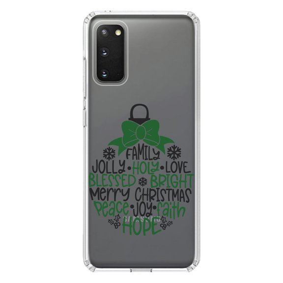 DistinctInk Clear Shockproof Hybrid Case for Galaxy S20 ULTRA / 5G (6.9" Screen) - TPU Bumper Acrylic Back Tempered Glass Screen Protector - Christmas Words Ornament Black Green