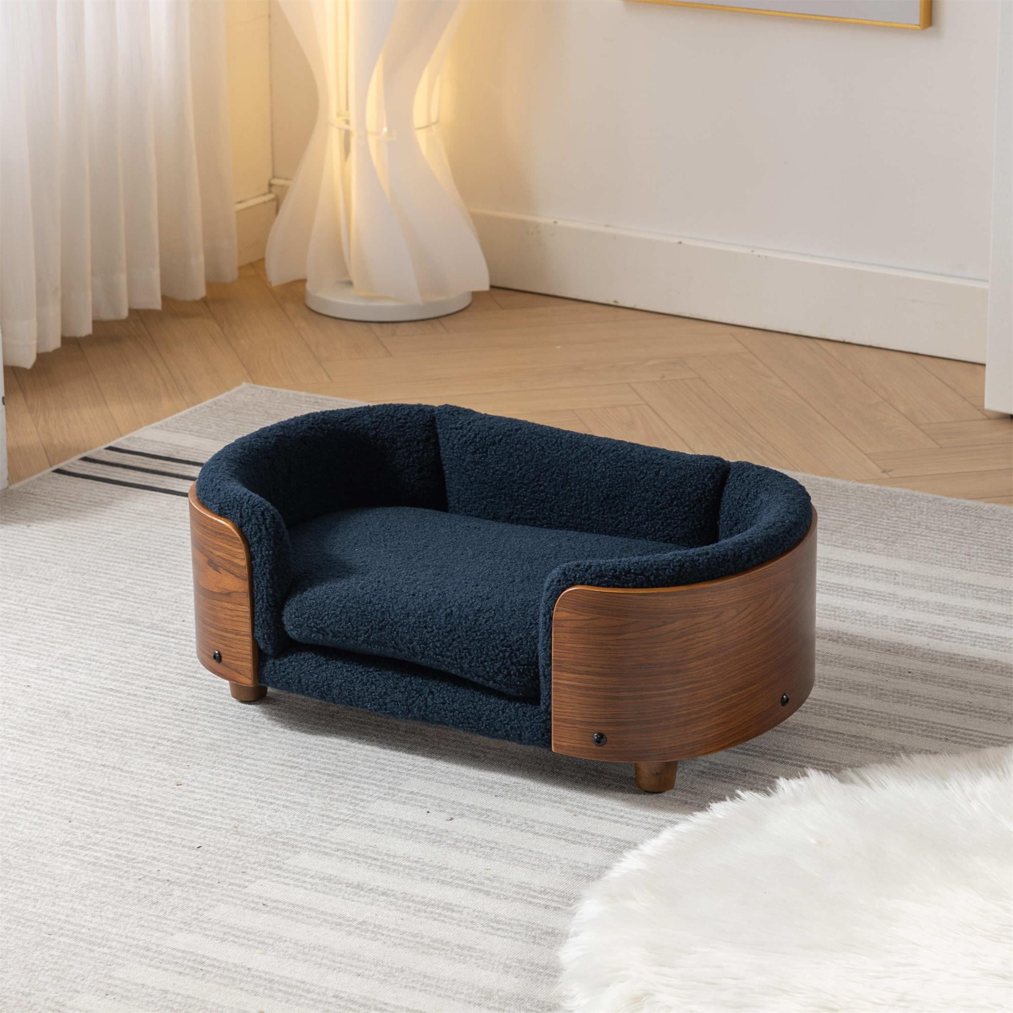 Pefilos 26" Elevated Pet Dog Bed with Solid Wood Legs and Walnut Bent Wood Back, Cashmere Cushion, Pet Sofa for Indoors Dogs, Dark Blue Pefilos 26" Elevated Pet Dog Bed with Solid Wood Legs and Walnut Bent Wood Back, Cashmere Cushion, Pet Sofa for Indoors Dogs, Dark Blue