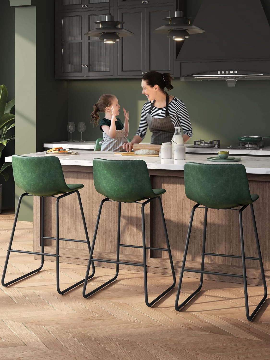LainTene 26" Bar Stools Set of 2 – Faux Leather Counter Height Stools with Backrest & Footrest, Heavy-Duty Metal Frame for Kitchen, Bar, Living Room, Green