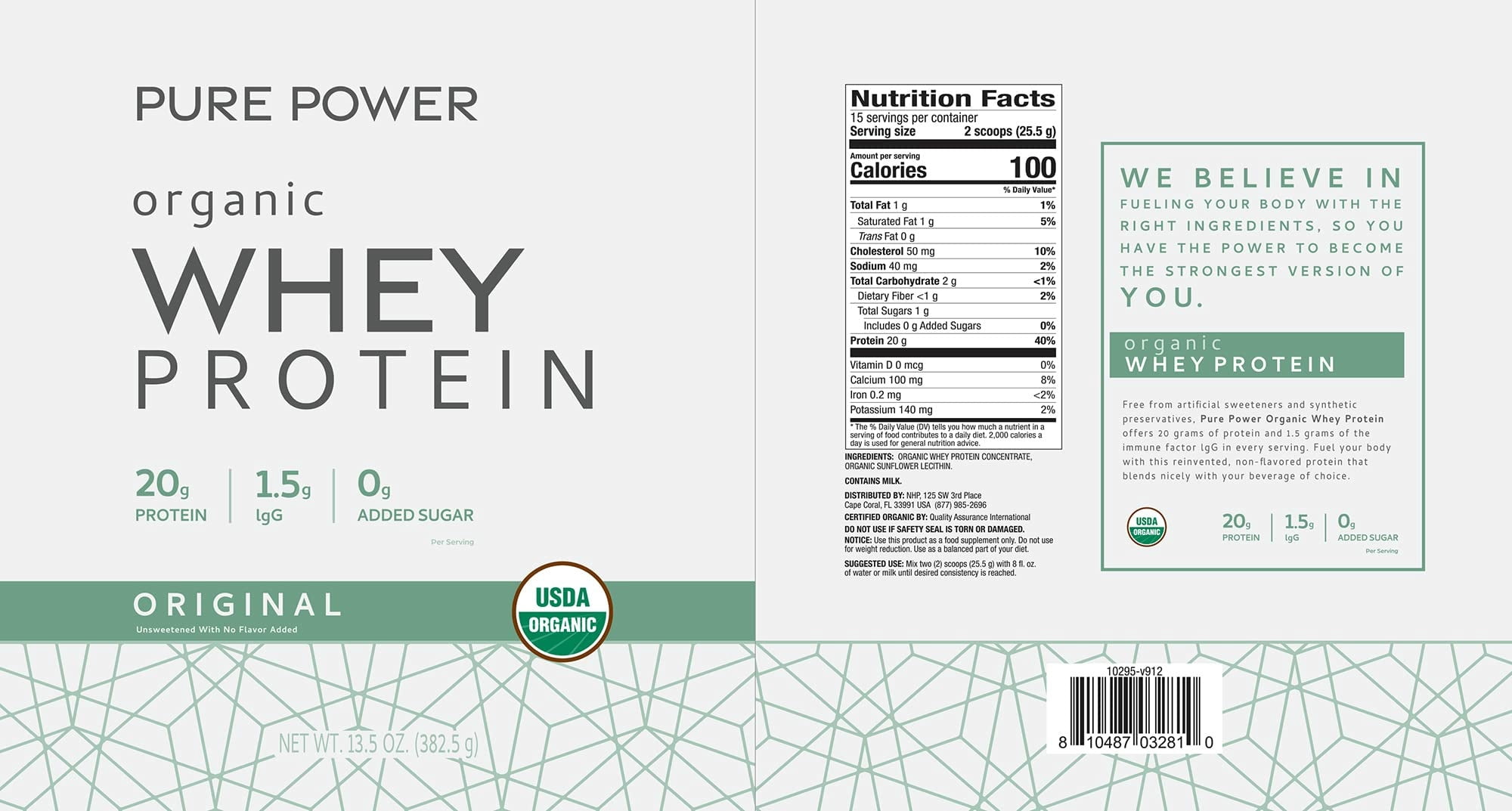 Dr. Mercola Pure Power Organic Whey Protein - 20 g Protein - Supports Muscle Growth & Energy - Grass-Fed Whey Concentrate - 15 Servings (13.5 oz) - Original