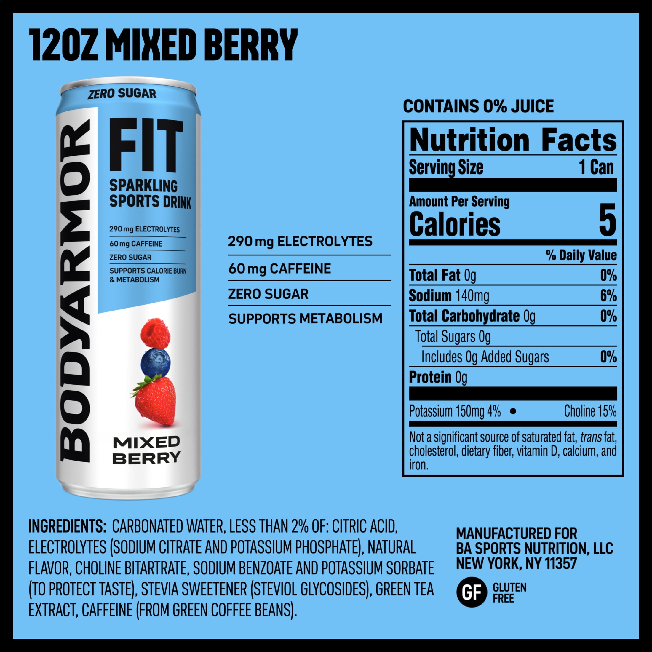 BODYARMOR FIT Zero Sugar Mixed Berry Sports Drink Can, 12 fl oz