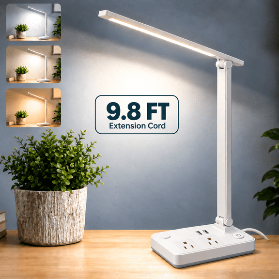 Power Strip with LED Desk Lamp, 2 Outlets 2 USB Ports(2 USBC) 3 Modes Small Desk Lamp for Home Office Bedroom Bedside, Study Reading Light, 9.2 ft Extension Cord, Dorm Room Essentials