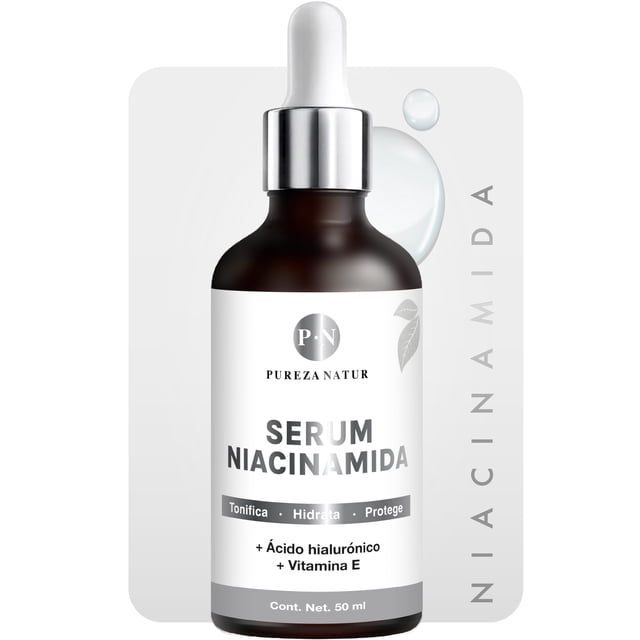 PUREZA NATUR Suero facial Niacinamida B3, Vitamina E y Acido hialurónico 50ml | Serum Niacinamide para todos tipos de piel skin barrier hidratante, antioxidante potente reductor de ojeras y