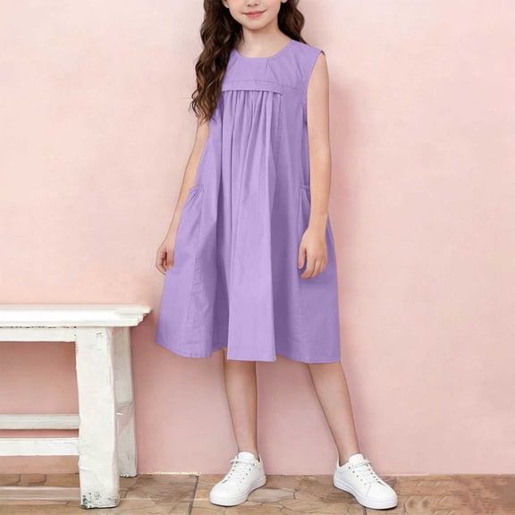 Girls' Dress Solid Color Round Neck Sleeveless with Pockets Summer Casual Comfortable Dress Purple 11-12 Years