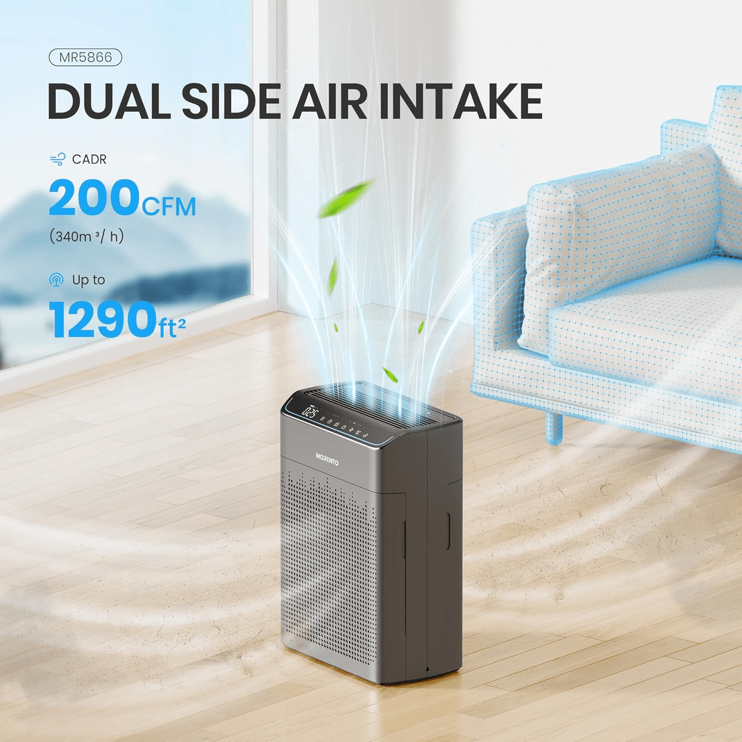 MORENTO Smart Air Purifier for Home Bedroom Large Room Up to 1290 Sqft, Wi-Fi and Alexa compatible, Double-sided HEPA Filter Air Cleaner for Smoke, Dust, Pollen, Pet Hair, Odor, Grey