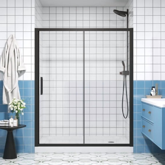56-60" W x 72" H Semi-Frameless Sliding Shower Door, 1/4" Clear Tempered Glass with Safety Film, Adjustable Width Bathroom Glass Door, Matte Black Aluminum Frame, Reversible Installation