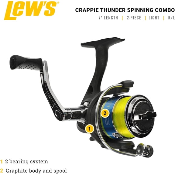 Crappie Thunder Spinning Reel and Fishing Rod Combo, 2-Piece IM6 Graphite Blank, Right or Left-Hand Retrieve, Crappie Thunder Green